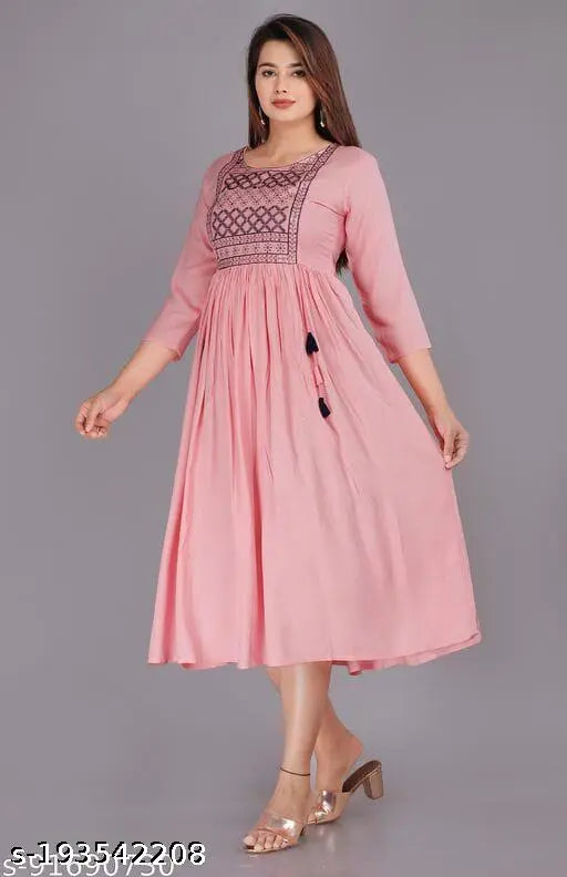 Pink rayon three-quarter sleeve kurta, solid color, Indian ethnic wear for women