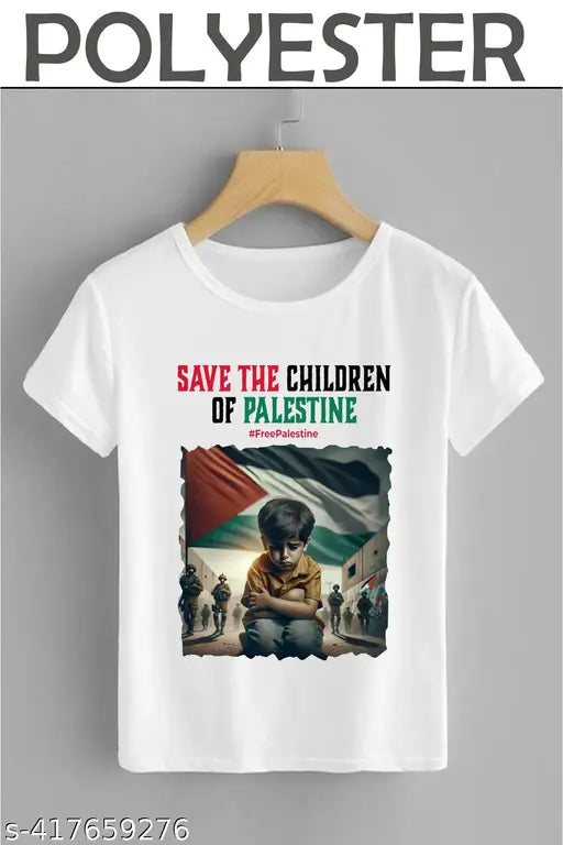 Palestine flag printed polyester t-shirt, save Palestine message on trendy short sleeves tee
