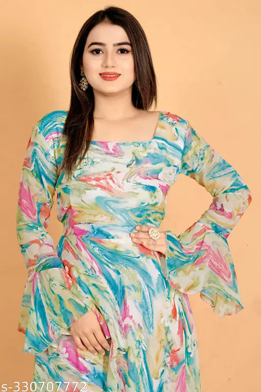 Women's light color long sleeve gown, printed combo Georgette dress with fixed belt, multi-color digital print on display stand, India origin