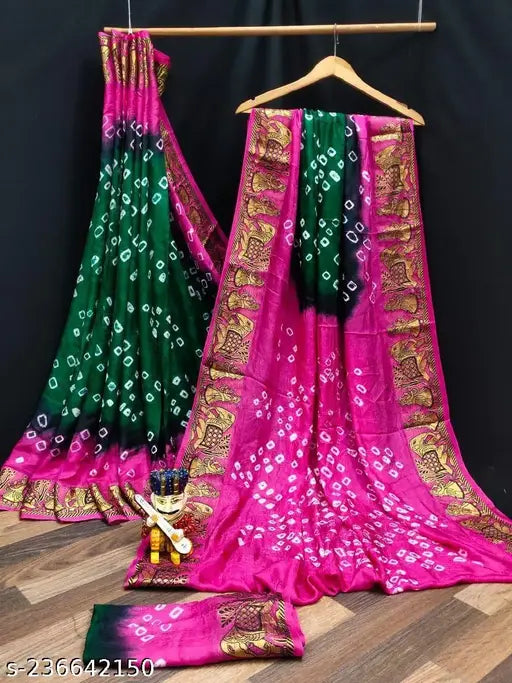 Green and pink bandhni fabric with gold trim, 6 yard length
