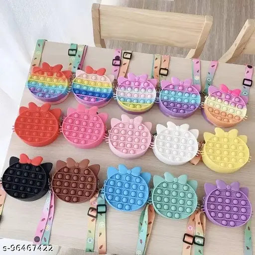 Peach Kiddykin kitty Sensory Pop it Silicone sling bag, reusable fidget toy for kids/boys/girls (1 compartment, striped net pattern, free size: 5x3x8 in) - made in India