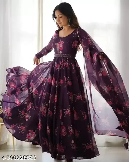 Georgette printed women's dress with long sleeves, breathable fabric for functions and parties