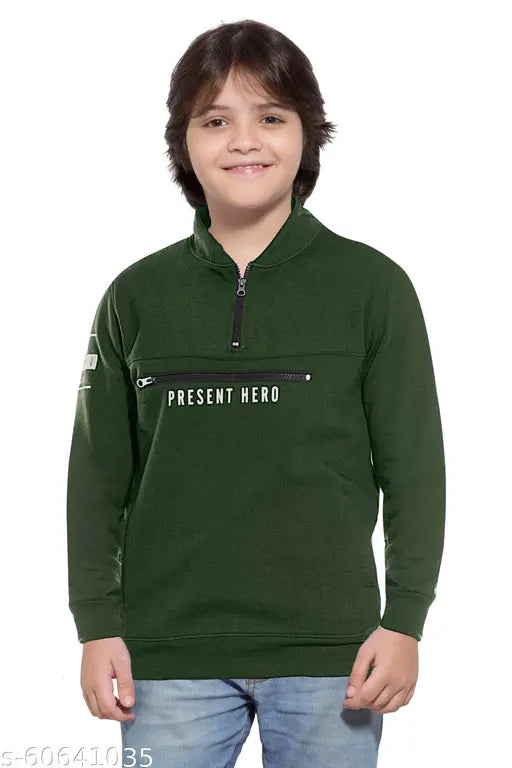 A boy wearing a printed olive green fullsleeve cotton jacket