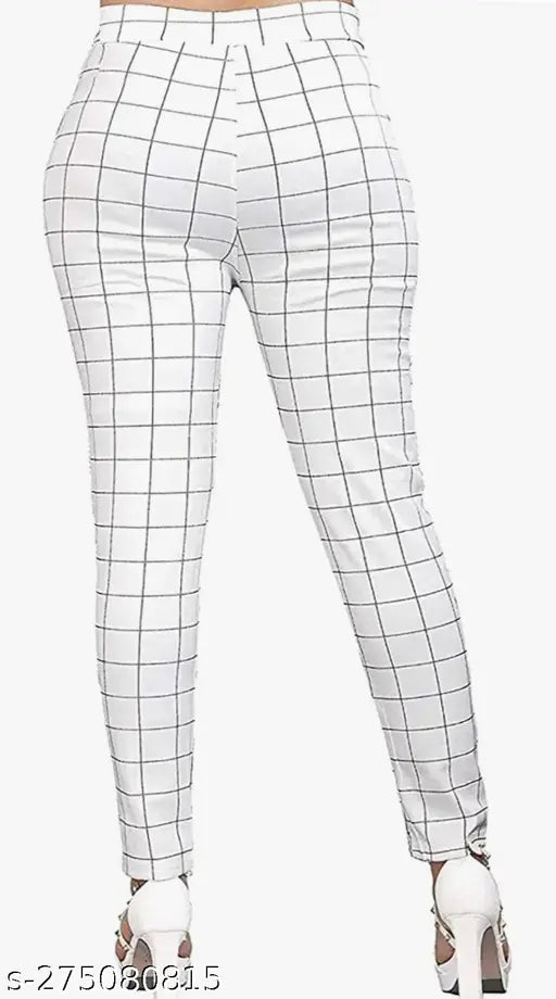 Stylish grey-black check Lycra jeggings for professional women