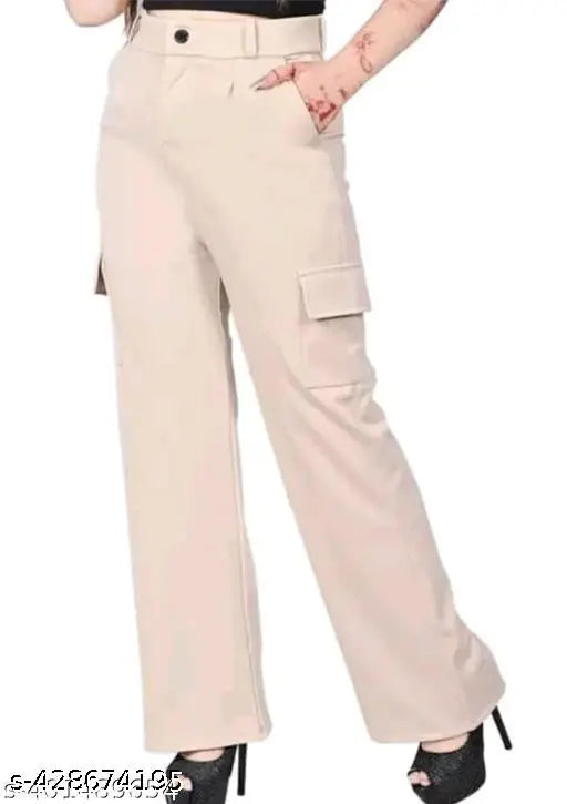 Solid cotton-blend mid waist cargo trousers for women's regular use and casual wear, featuring four pockets - comfortably stylish bottom wear