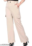 Solid cotton-blend mid waist cargo trousers for women's regular use and casual wear, featuring four pockets - comfortably stylish bottom wear
