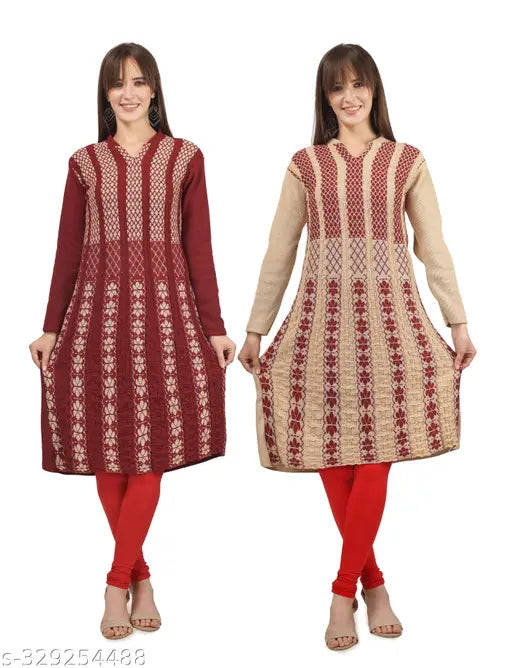 Woolen printed A-line Kurta, Christy's Collection women's long sleeves, Indian woolen fashion combo (M - 36in, L - 38in, XL - 40in)