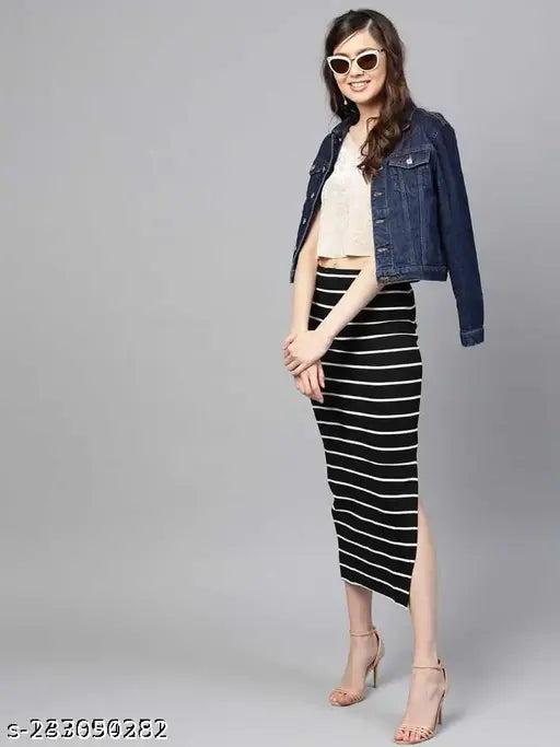 Black and white striped skirt, casual style, cropped length