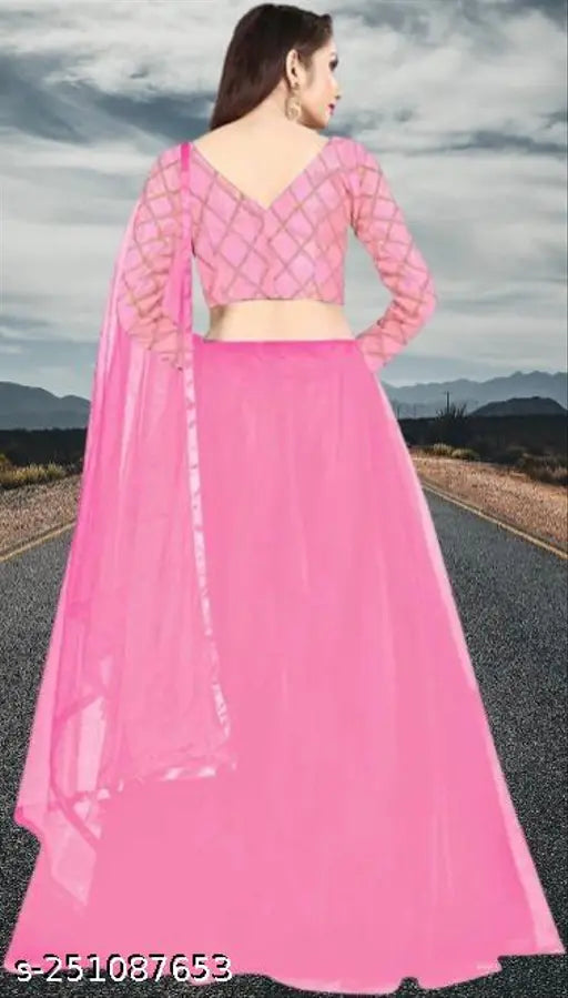 Embroidered checkered art silk lehenga-choli set with net dupatta, free size, semi-stitched, Indian origin