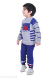 Boys woolen sweater set with long sleeves, printed net pattern. Warm and stylish boys' wear for winter. 1 set, sizes: 9-12 months, 12-18 months, 18-24 months, 1-2 years. Made in India