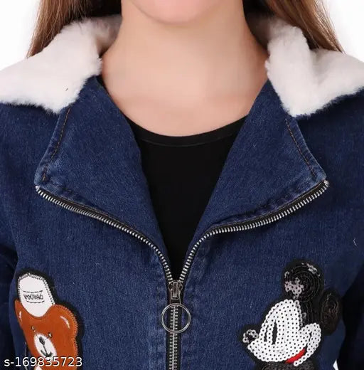 Denim women's jacket, long sleeves, embroidered net pattern, size S (32in bust, 24in length)