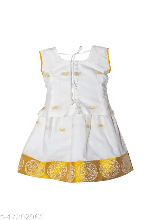 Art Silk Traditional Kerala Child Lehenga Choli Pattu Pavadai with waist belt, sleeveless, applique pattern, next day dispatch, India origin
