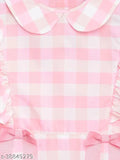 Pink and white plaid cotton dress with ruffled neckline and attached waist bow
