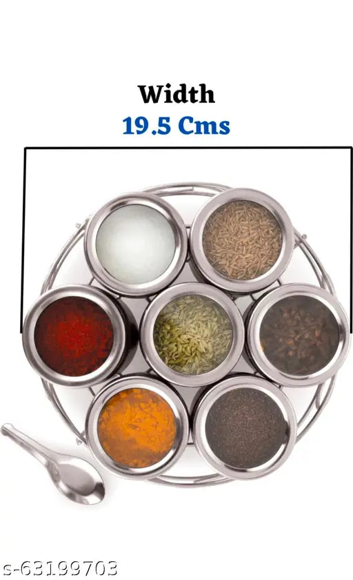 Spice box set on wire stand, stainless steel construction, condiments jar, mukhwas dani, dry fruits box and jar