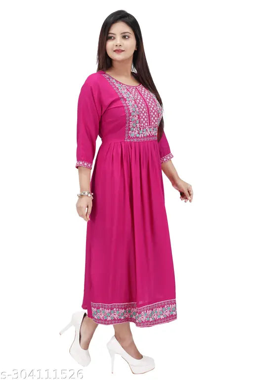 Deep Pink Rayon Embroidered Kurti, 100% soft Cotton Blend for casual occasions, machine/hand washable, India origin