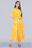 Yellow rayon high neck antique long gown with three key holes