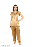 Cotovia gold satin self-designed women's pyjama set, featuring short-sleeved top and bottom in solid color, available in M (34/27/34/32), L (38/27/36/34), and Free Size (38/28/38/36)