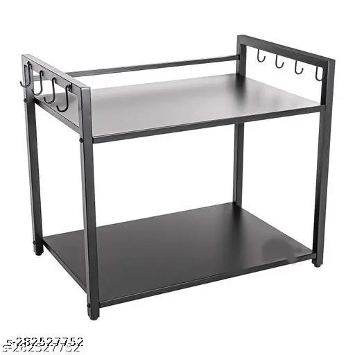 Two-tier green kitchen platform with 8 hooks, for oven storage and display