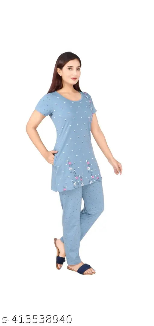 Printed polycotton nightsuit, women's half sleeve, loose-fit, summer daily wear