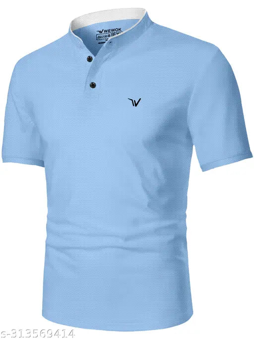 Men's polycotton Chinese collar t-shirt with printed design, short sleeves, M size (chest 38in, length 27in)