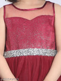 Maroon net party dress for kids, embroidered with toy balloons, sleeveless, size 1-2 years