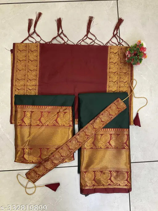 New Traditional Kids South Indian Style Half Saree, Litchi Silk zari work, unstitched with matching belt