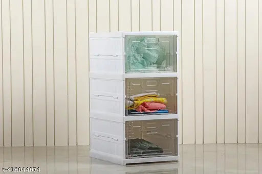 White front foldable shoe organizer with clear door design for efficient shoe management