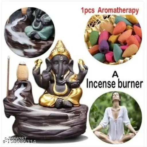 A decorative, handicrafted polyresin backflow Lord Ganesha incense holder with a meditative "Mahadev Dhyana Mudra" figurine and 10 cones for car dashboard. Golden color, 3D effect