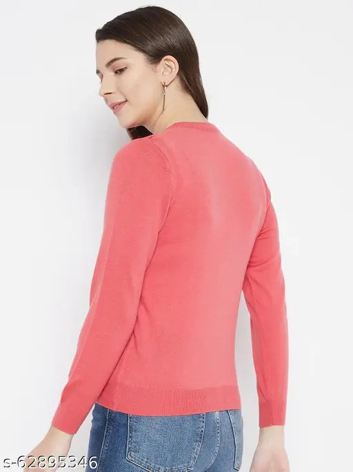 Woolen pink V-neck cardigan, full sleeves, solid design - Zigos Super Warm & Soft