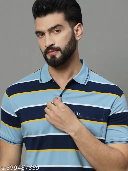 Blue cotton blend Uniberry men's polo striper t-shirt, short sleeves with chest pocket