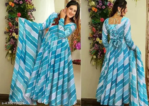 Multi-color anarkali gown set with dupatta, georgette fabric, long sleeves, women's wedding partywear, Bollywood design