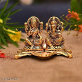 Metal Lakshmi Ganesh statue with golden coin, traditional Indian Ganesha idol for puja and diya