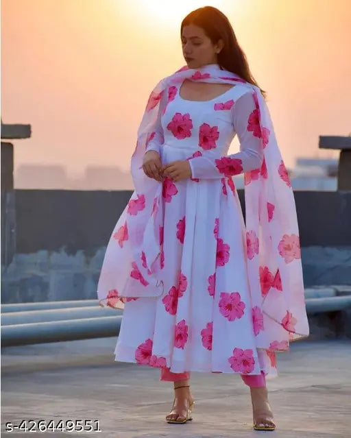 Georgette stitched anarkali gown full Amrela flayer with dupatta, printed pattern, multiple sizes available for women