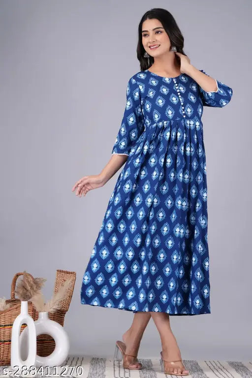Rayon printed long flared Anarkali kurti with three-quarter sleeves, Indian modern style statement for functions, festivals, parties, and weddings