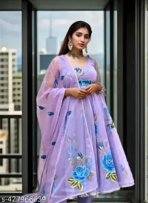 Printed Georgette Anarkali gown, vibrant floral design with nack line embroidery and lace dupatta, sleeveless style in size L