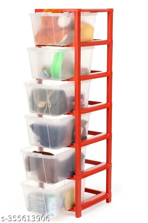 Six-layer red drawer storage organizer with clear containers