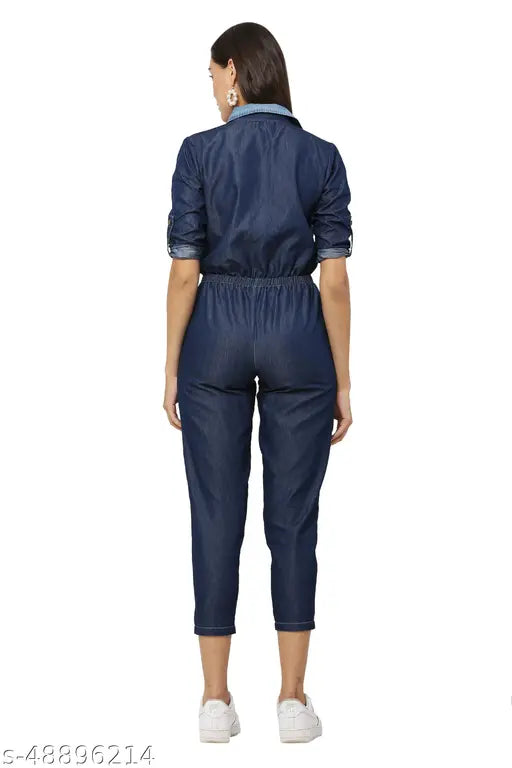 Denim navy blue jumpsuit for women, solid pattern with three-quarter sleeves, India-made stylish avyanna jumpsuit