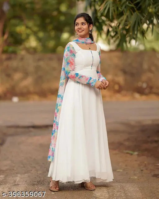 Georgette printed gown duppatta set, three-quarter sleeves, vibrant Indian fashion accessory