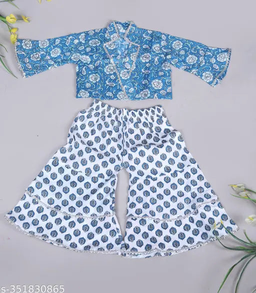 Blue cotton floral printed top & sharara set for kids girls (12-5 years) - trendy Indian fashion for casual outings, playdates, and family gatherings