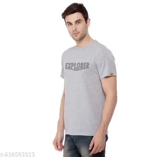 Grey cotton blend half sleeve EXPLR T-shirt by John Peters, classic design with attractive print, ideal for casual wear and sports activities