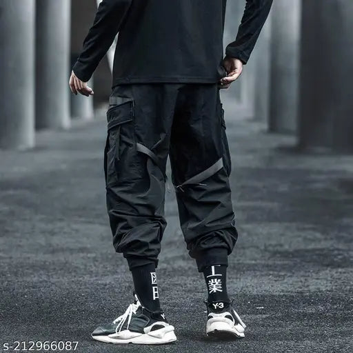Black camouflage net cotton cargo pants for men, heavy industry tactical webbing darkwear with elastic waist and pockets