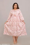 Pink rayon fashion gown, printed combo on three-quarter sleeves, women's plus size fancy wear for wedding & party, India origin