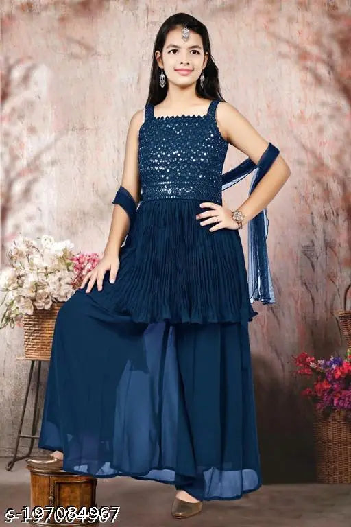 Blue Embroidered Georgette Girls Festive Top Plaza Set with Net Dupatta, Size 3-9 Years, KAVY FASHION