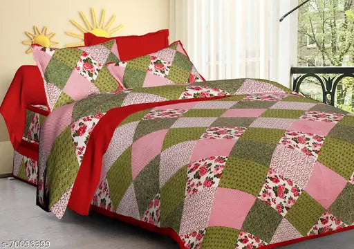 100% cotton, floral-patterned Radha Rani Rajasthani Jaipuri double king bedsheet & 2 zipper pillow covers. Soft, expertly tailored Indian textile