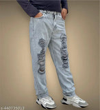 Men's distressed denim jeans with a zip fly and front pocket detailing