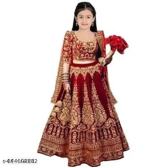 Red velvet lehenga choli, embroidered with short sleeves, vintage Indian fashion on display