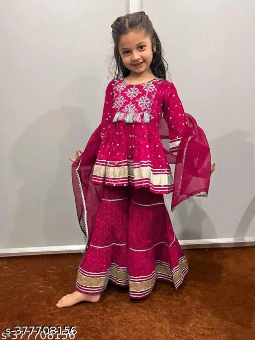 Red pom pom sharara set with rayon dupatta and bottomwear, embroidered and three-quarter sleeves, kids trending fashion, pack of 3 with sizes ranging from 3-12 years old, made in India