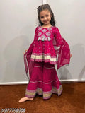 Red pom pom sharara set with rayon dupatta and bottomwear, embroidered and three-quarter sleeves, kids trending fashion, pack of 3 with sizes ranging from 3-12 years old, made in India