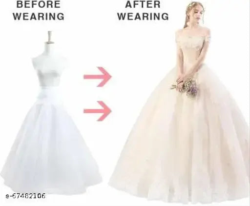The image shows three dresses with different colored underskirts, indicated by a red arrow pointing to the right. These appear to be white hoopskirts for women, with the leftmost one in plain fabric and the others adorned with ruffles
