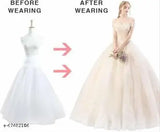 The image shows three dresses with different colored underskirts, indicated by a red arrow pointing to the right. These appear to be white hoopskirts for women, with the leftmost one in plain fabric and the others adorned with ruffles